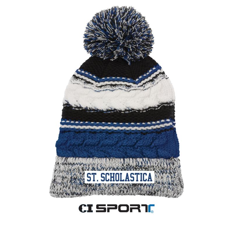Sport-Tek Pom Pom Beanie - Royal/Black/White