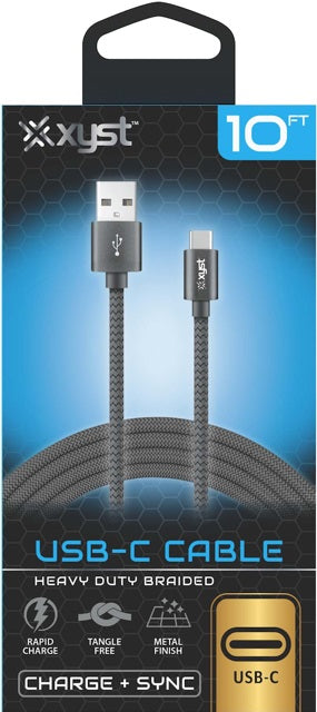 10 FT Braided USB-C 2.0 to USB-A, 2.4A, HD Braided Cable, Black